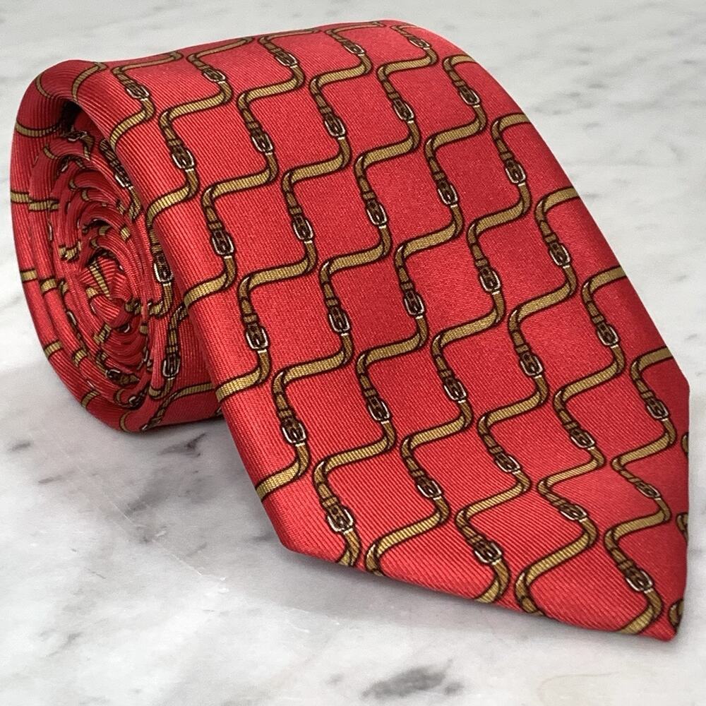 HERMES Tie Silk 55" x 3-1/8" Brown Belt on Red Necktie Neiman Marcus 7009 EUC